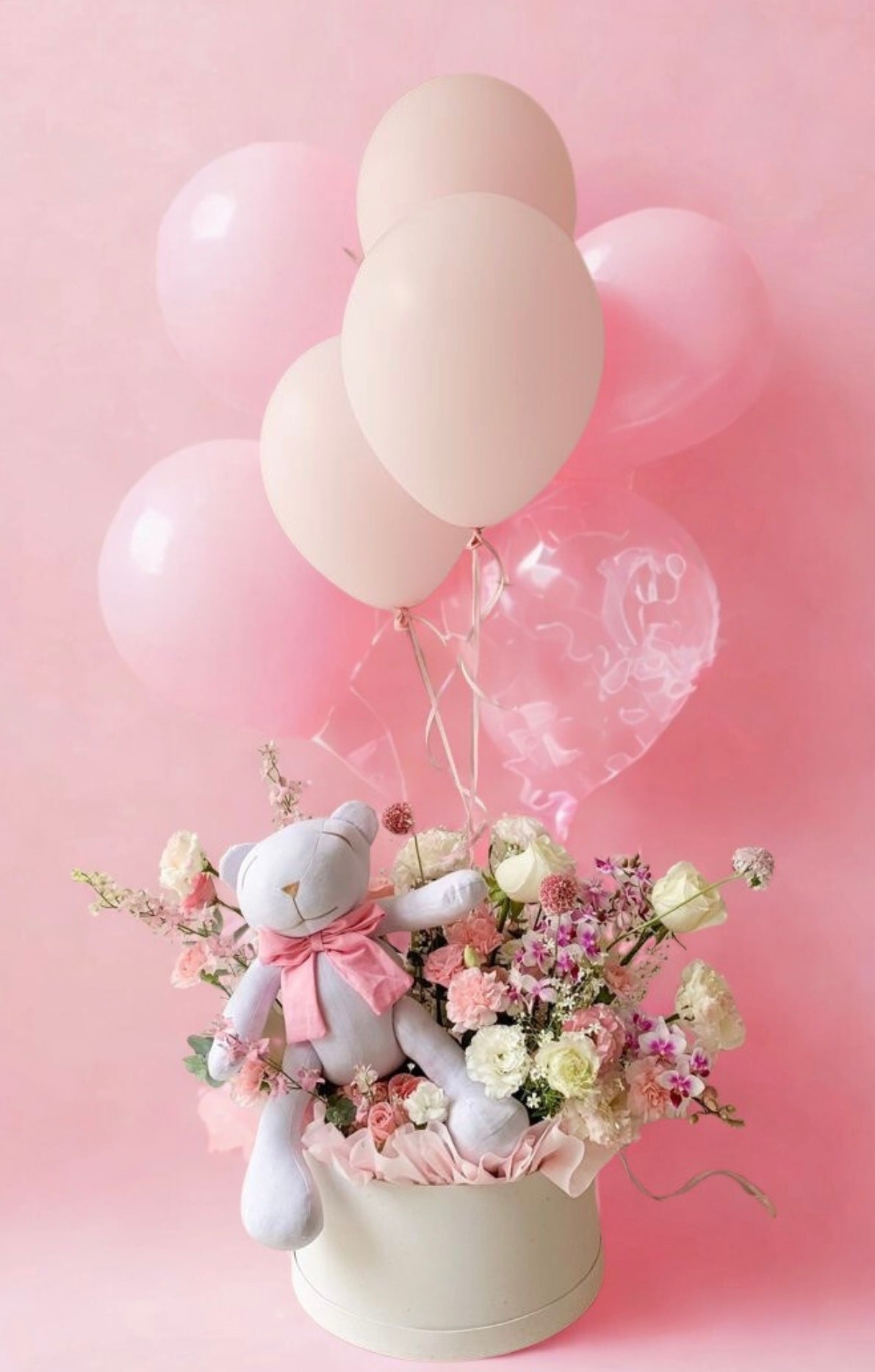 Baby Flower Box with Balloons and Teddy